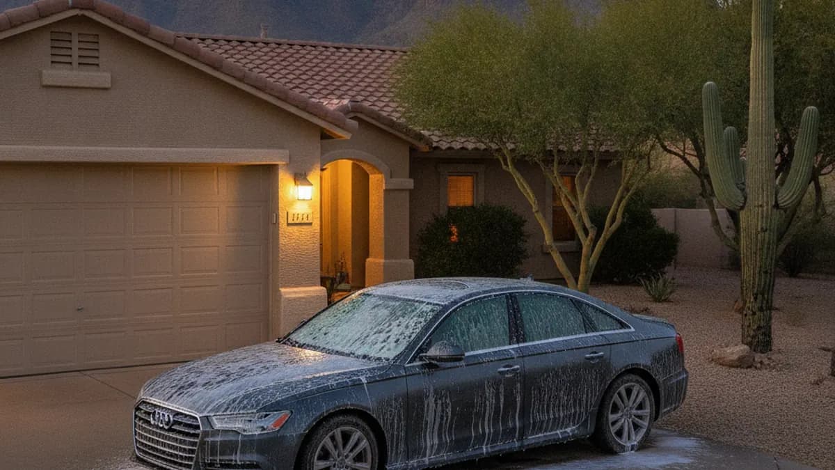Freshly washed car with water beading on the paint in a home driveway in Arizona