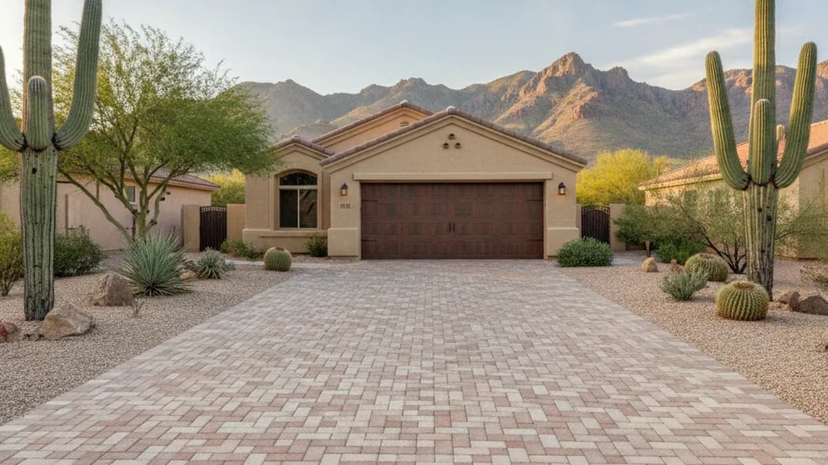 Travertine pool deck and paver patio in an Arizona backyard after professional cleaning
