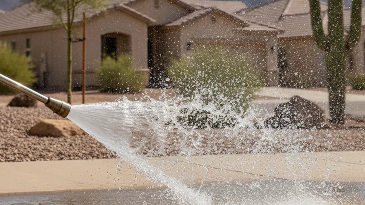 Pressure washing a concrete driveway in front of an Arizona home