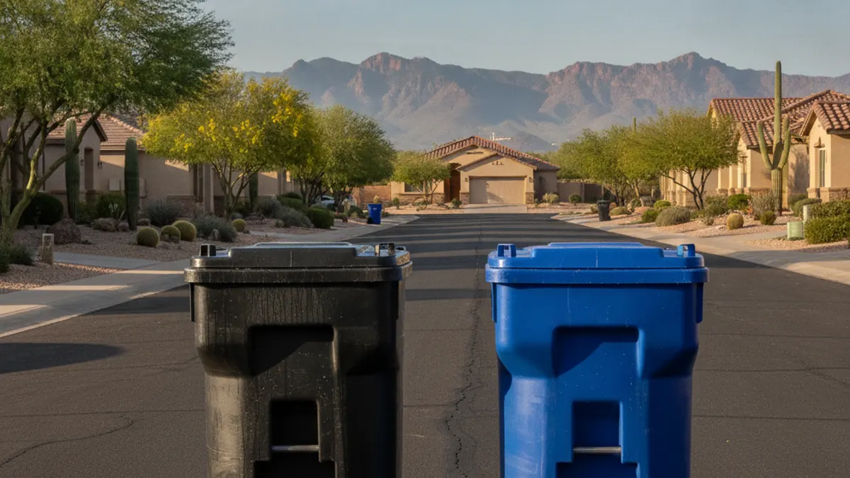 Clean residential trash and recycling bins lined up at the curb outside an Arizona home