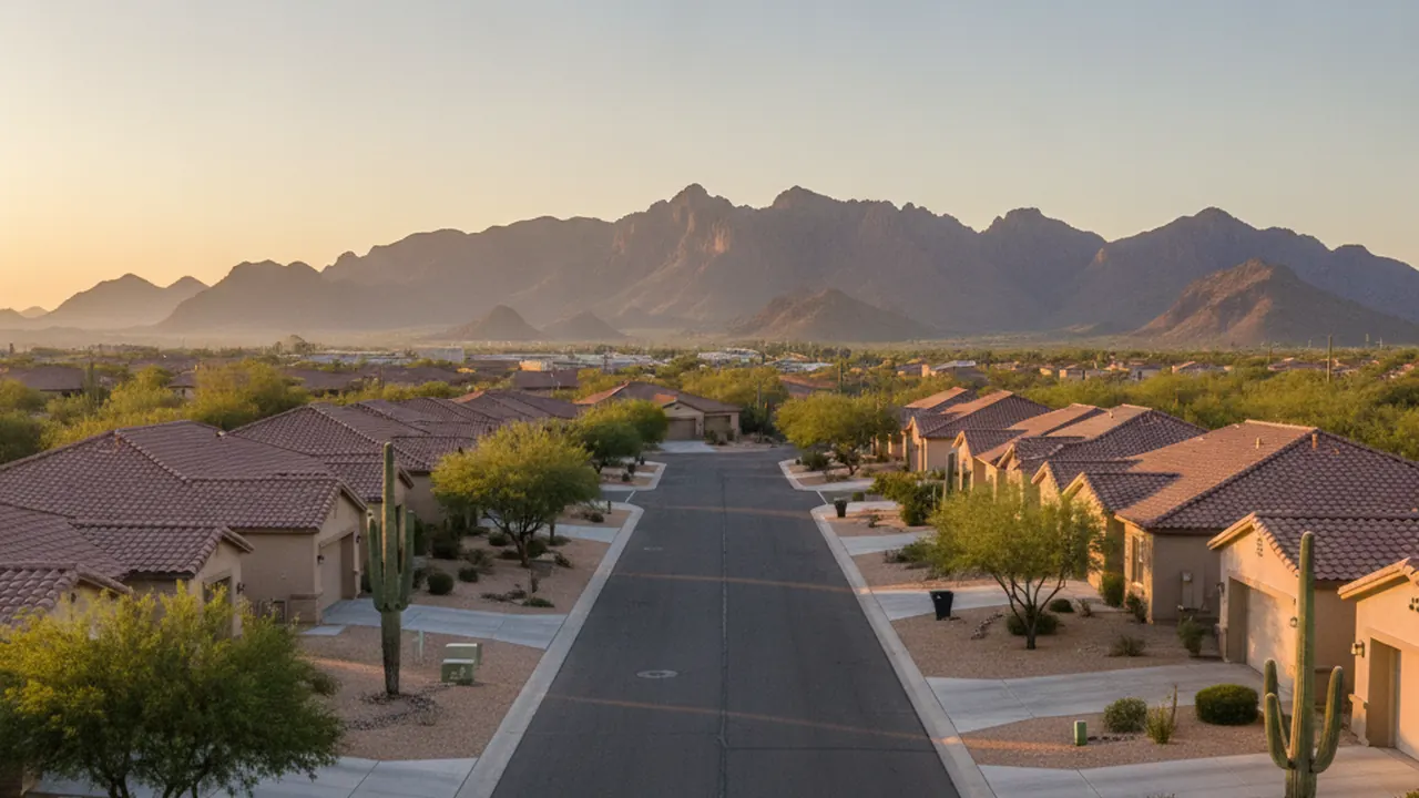 San Tan Valley neighborhood street with stucco homes and the San Tan Mountains