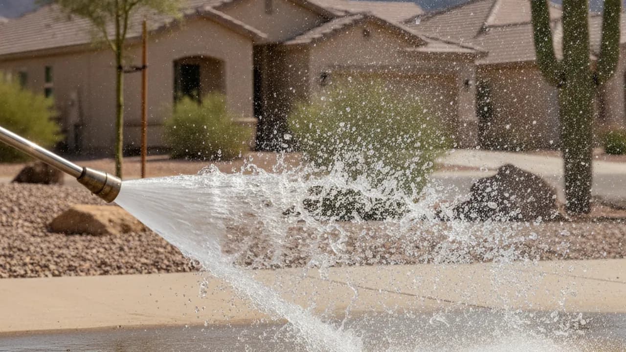 Water spray cleaning tan concrete in Arizona